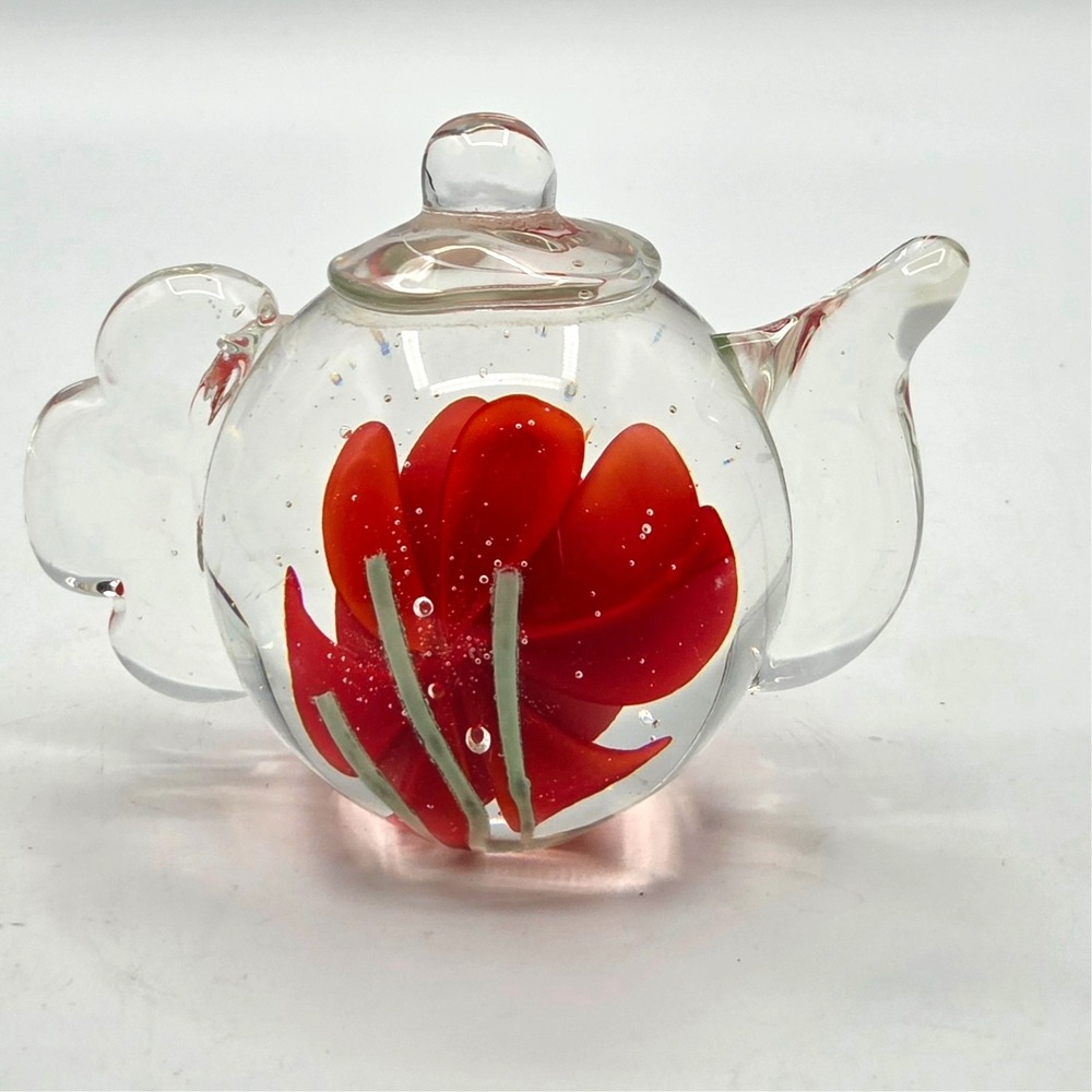 Glass Teapot with‎ Orange Flower Hand Blown Paperweight by  Dynasty Collection